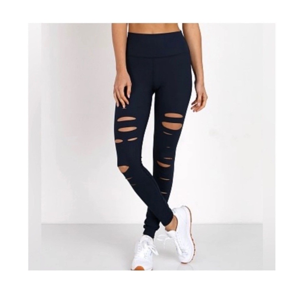 Alo Yoga High-Waist Warrior Leggings Black Ripped Laser Cut Workout Pants Small